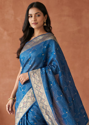 Blue Katan Silk Saree With Blouse Piece