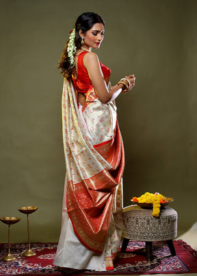 White Dupion Silk Saree With Blouse Piece
