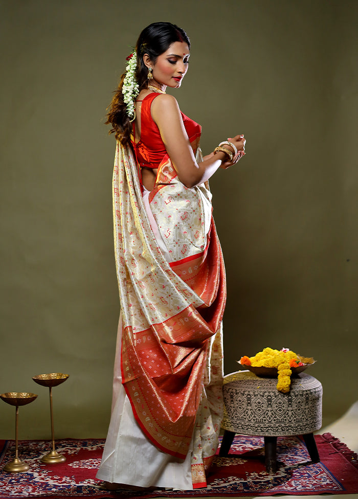White Dupion Silk Saree With Blouse Piece