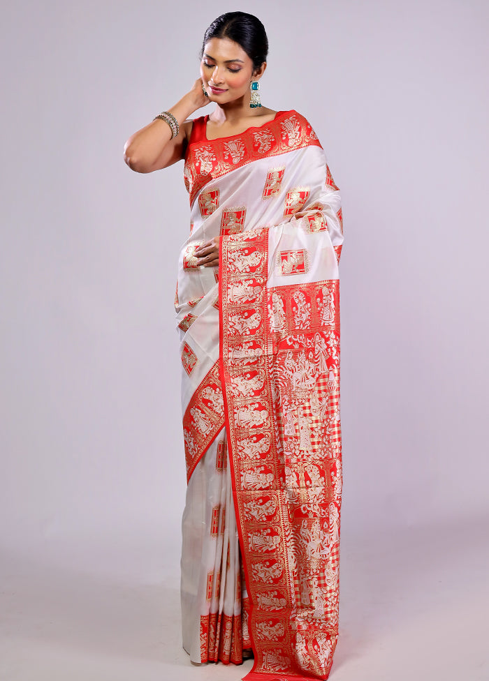 White Dupion Silk Saree With Blouse Piece
