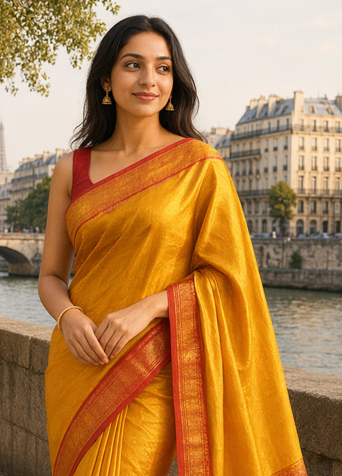 Orange Handloom Kanjivaram Pure Silk Saree With Blouse Piece