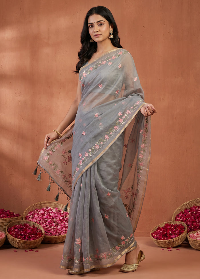 Grey Organza Saree With Blouse Piece