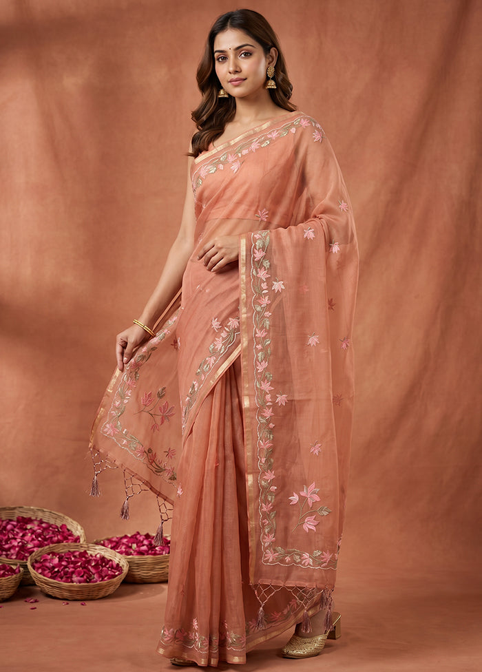Peach Organza Saree With Blouse Piece