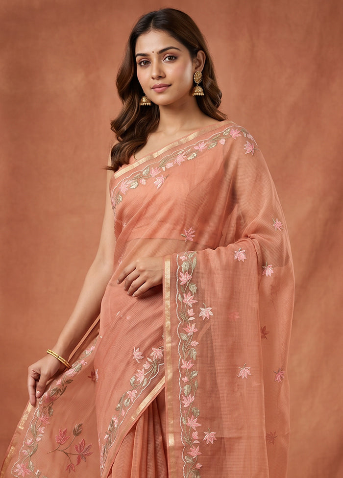 Peach Organza Saree With Blouse Piece
