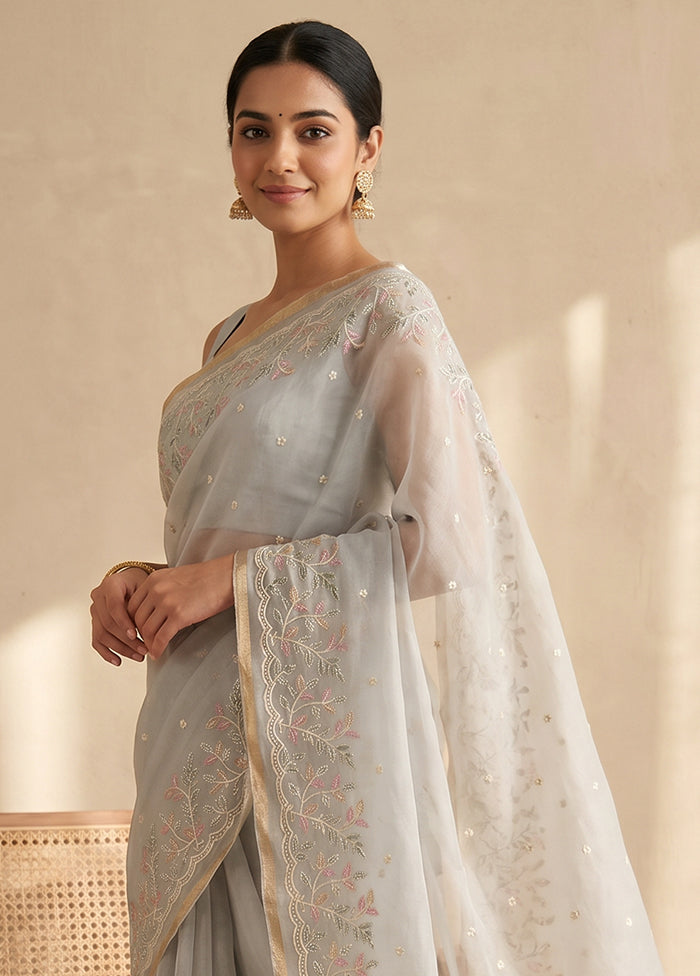 Grey Organza Saree With Blouse Piece