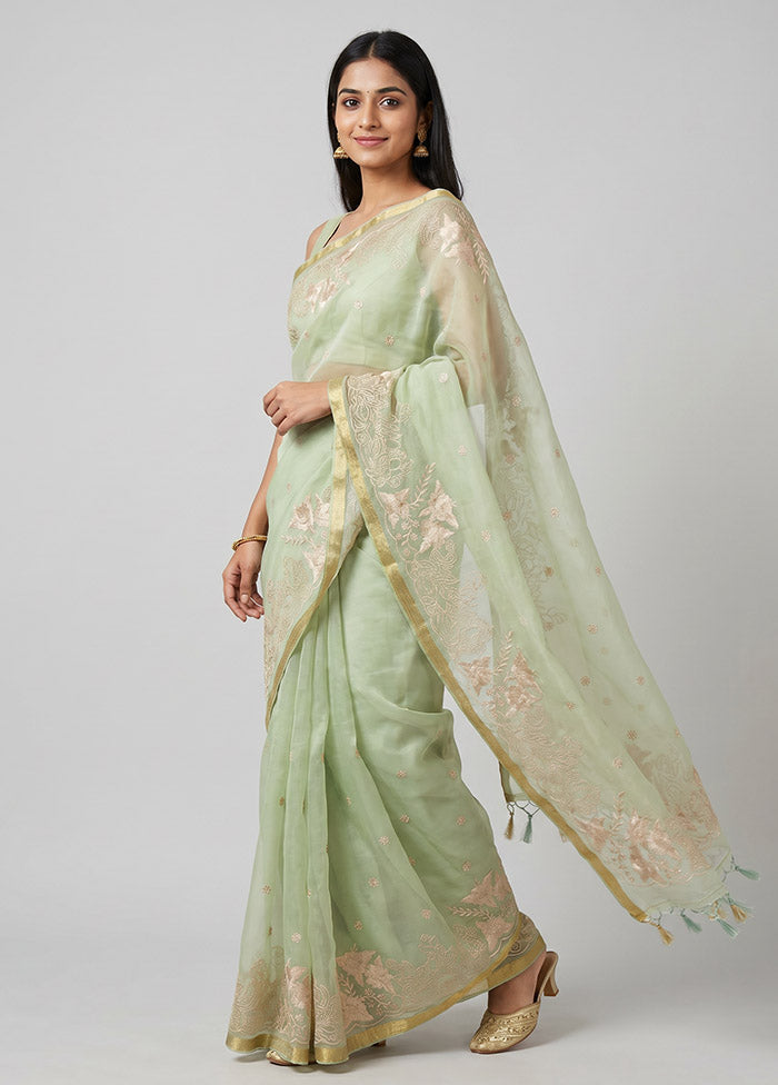 Green Organza Saree With Blouse Piece