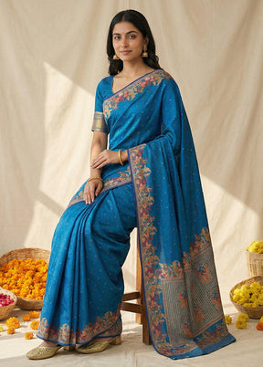 Blue Dupion Silk Saree With Blouse Piece