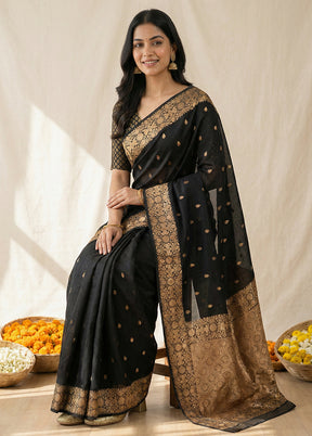 Black Dupion Silk Saree With Blouse Piece