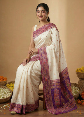 White Dupion Silk Saree With Blouse Piece
