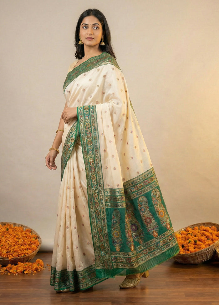 White Dupion Silk Saree With Blouse Piece