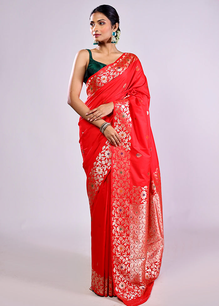 Red Dupion Silk Saree With Blouse Piece