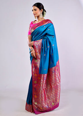 Blue Katan Silk Saree With Blouse Piece