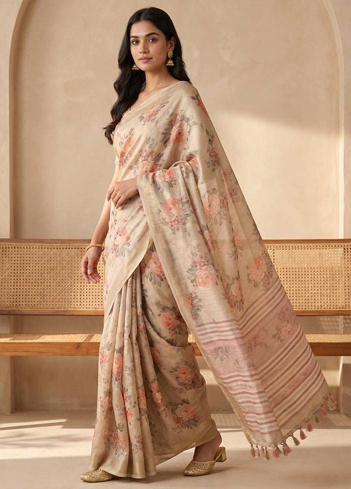 Cream Tussar Silk Saree With Blouse Piece