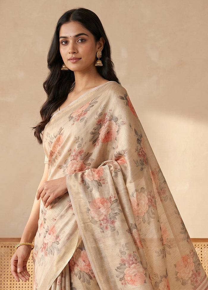 Cream Tussar Silk Saree With Blouse Piece