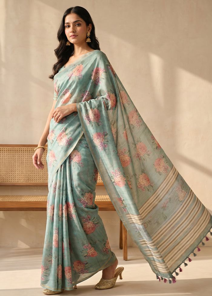 Green Tussar Silk Saree With Blouse Piece
