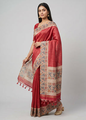 Peach Tussar Silk Saree With Blouse Piece
