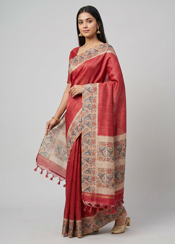 Peach Tussar Silk Saree With Blouse Piece