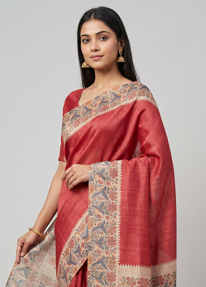 Peach Tussar Silk Saree With Blouse Piece