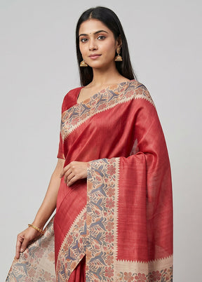 Peach Tussar Silk Saree With Blouse Piece