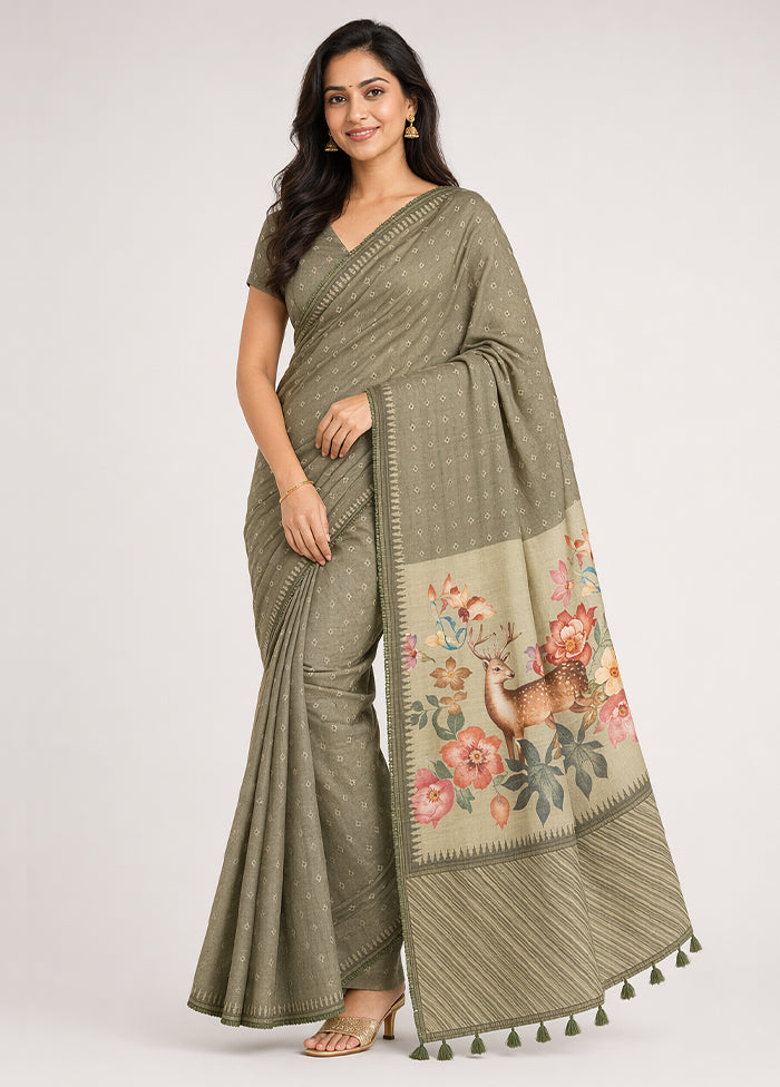 Green Tussar Silk Saree With Blouse Piece