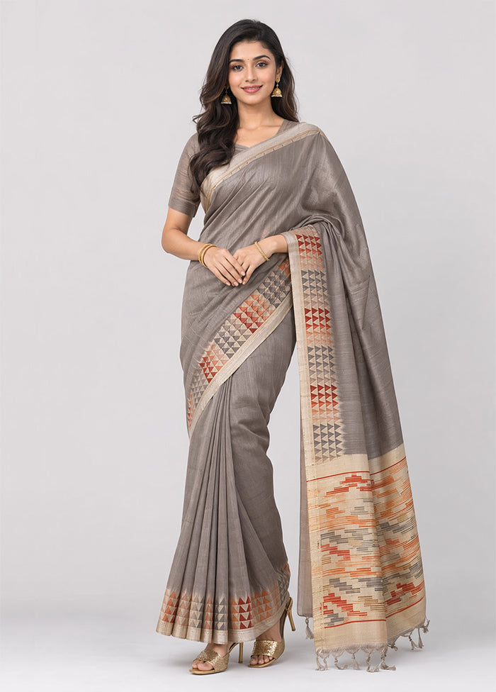 Grey Tussar Silk Saree With Blouse Piece