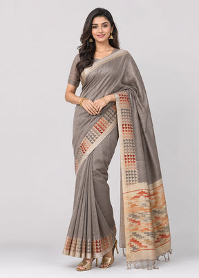 Grey Tussar Silk Saree With Blouse Piece