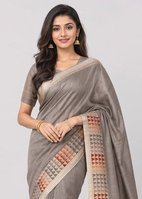 Grey Tussar Silk Saree With Blouse Piece