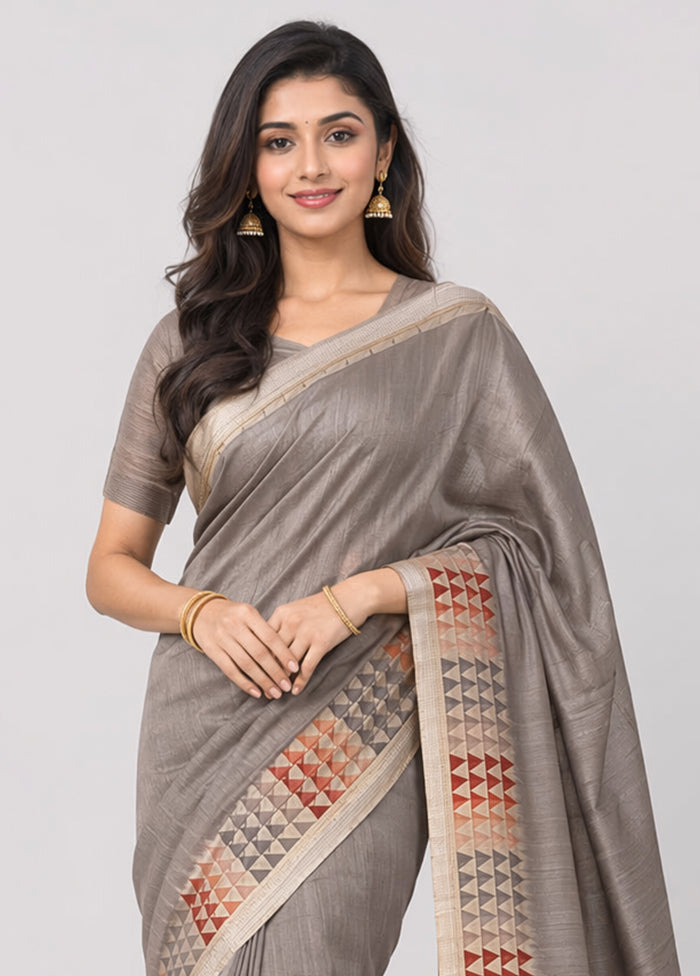 Grey Tussar Silk Saree With Blouse Piece