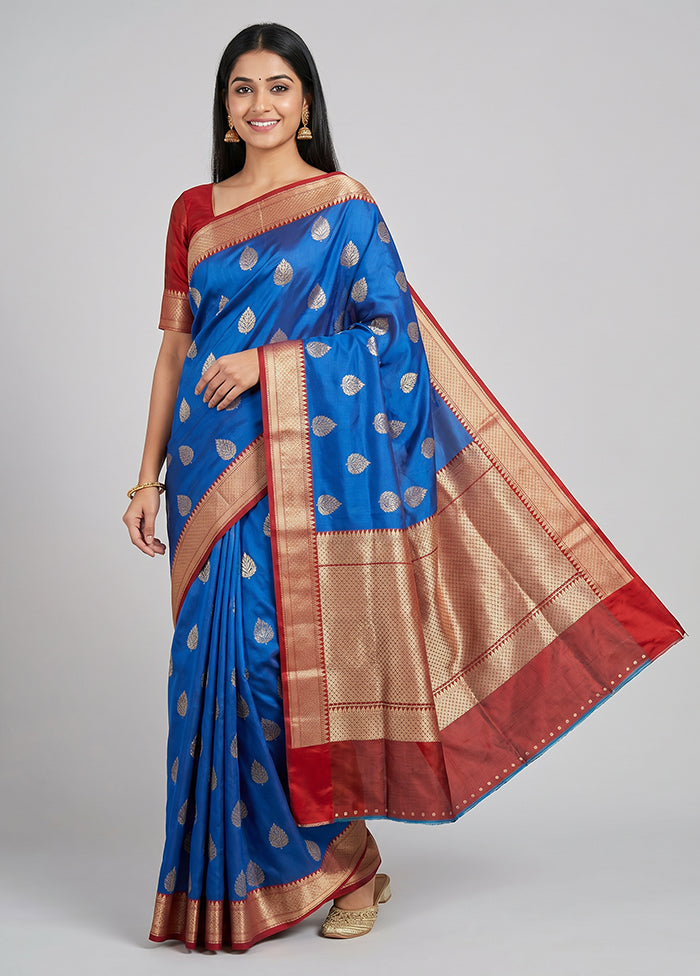 Blue Handloom Katan Pure Silk Saree With Blouse Piece