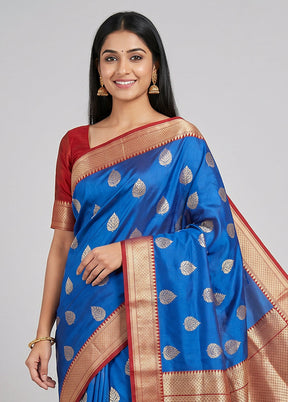 Blue Handloom Katan Pure Silk Saree With Blouse Piece