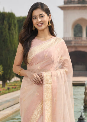 Peach Handloom Pure Organza Saree With Blouse Piece