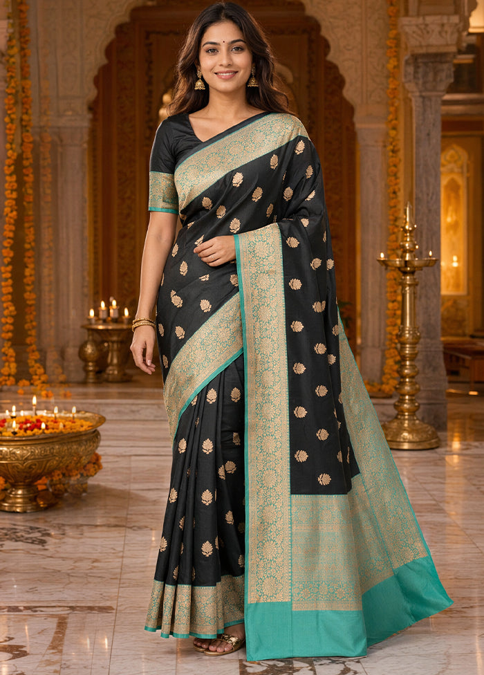 Black Handloom Katan Pure Silk Saree With Blouse Piece