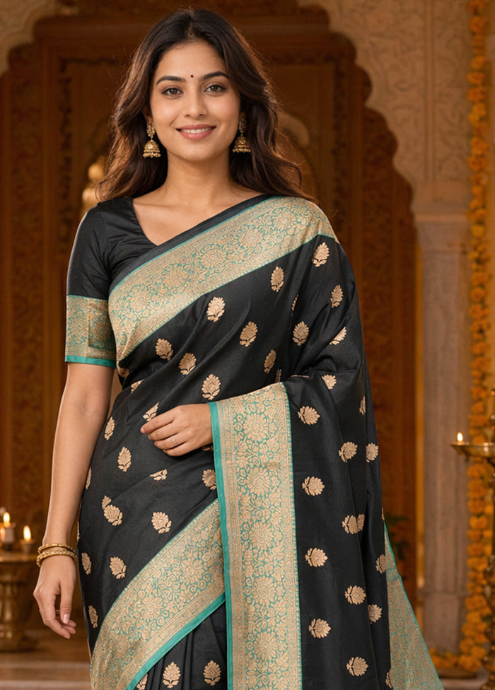 Black Handloom Katan Pure Silk Saree With Blouse Piece