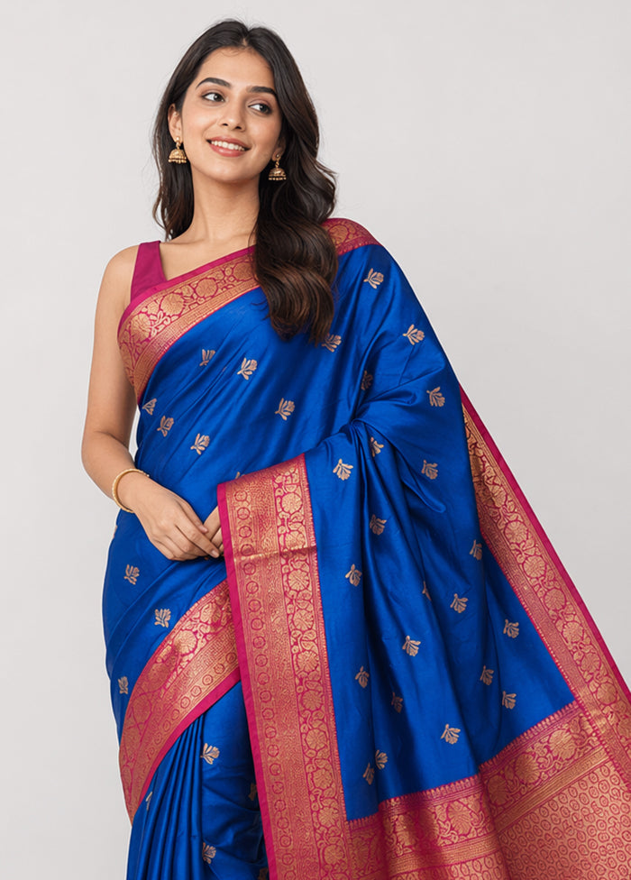 Blue Handloom Katan Pure Silk Saree With Blouse Piece