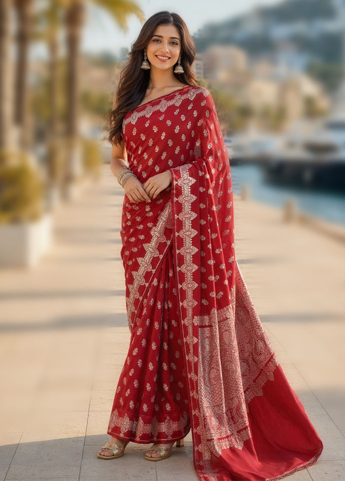 Maroon Banarasi Silk Saree With Blouse Piece