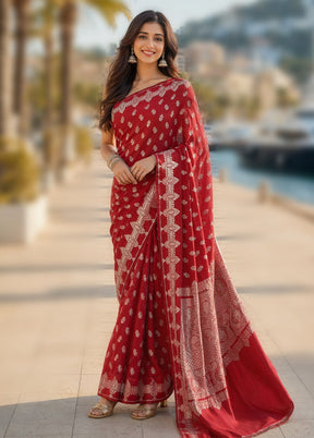 Maroon Banarasi Silk Saree With Blouse Piece