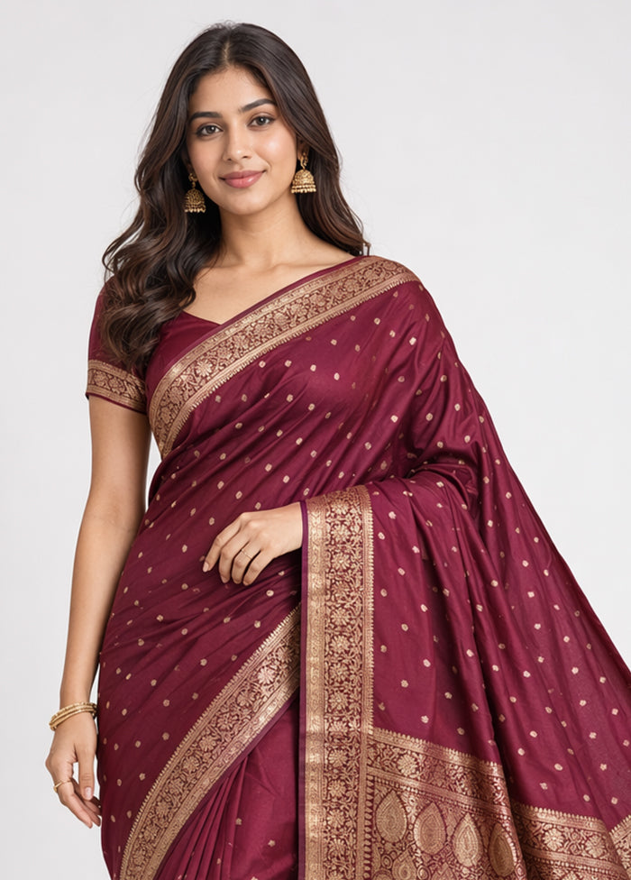 Maroon Banarasi Silk Saree With Blouse Piece
