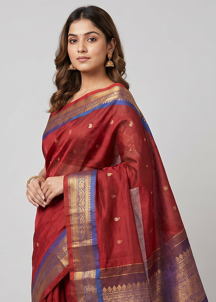 Maroon Gadwal Pure Silk Saree Without Blouse Piece