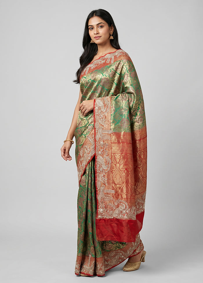 Green Handloom Pure Georgette Saree With Blouse Piece