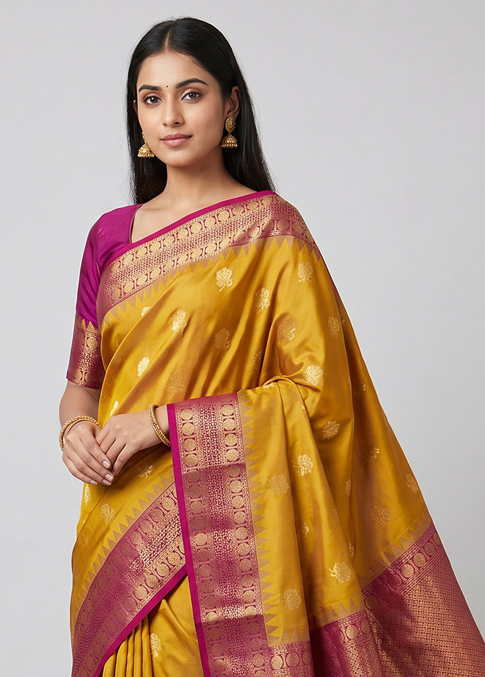 Yellow Gadwal Silk Saree Without Blouse Piece