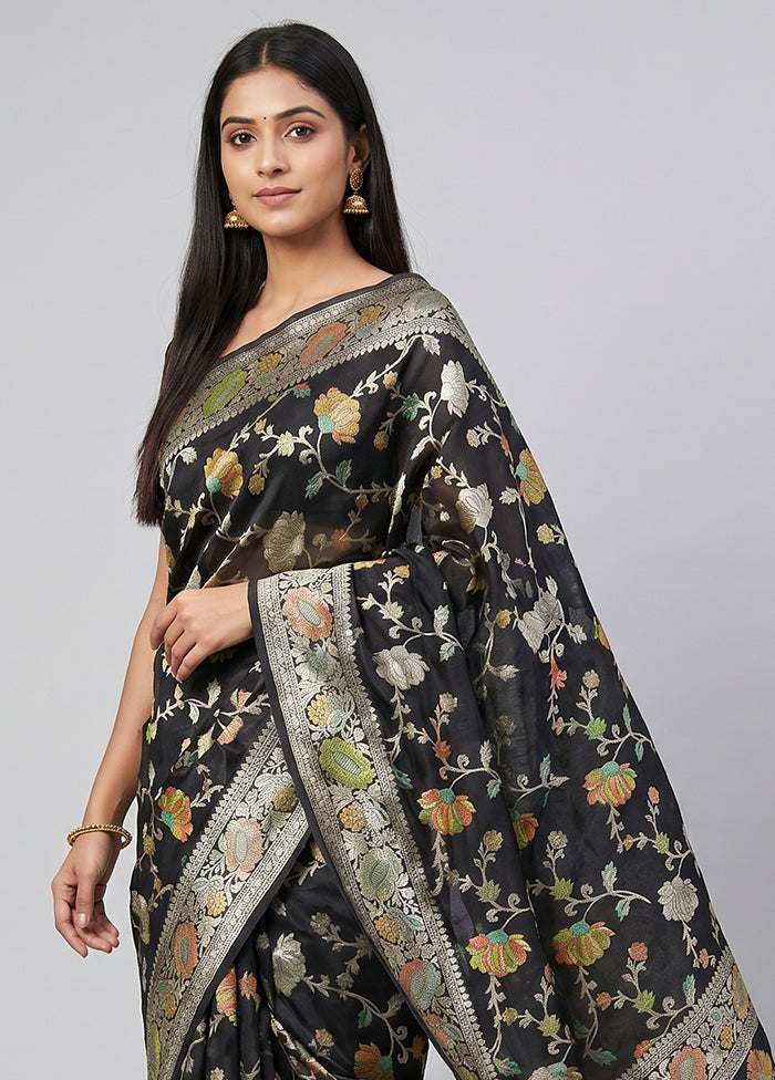 Black Handloom Pure Georgette Saree With Blouse Piece