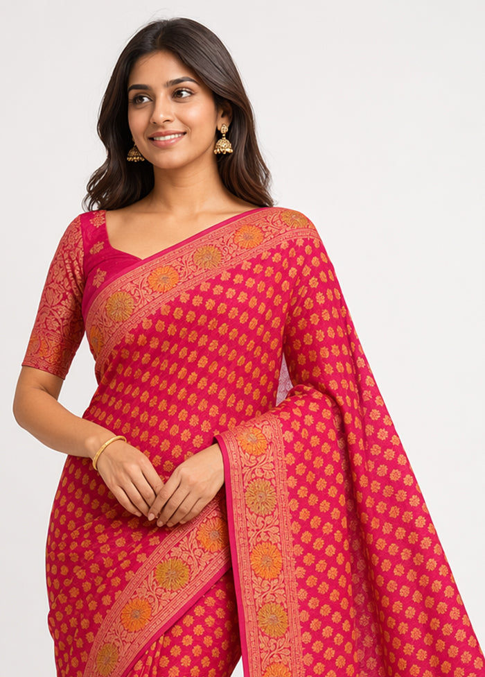 Pink Handloom Pure Georgette Saree With Blouse Piece