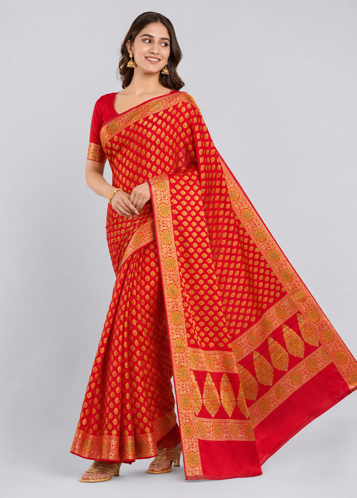 Red Handloom Pure Georgette Saree With Blouse Piece