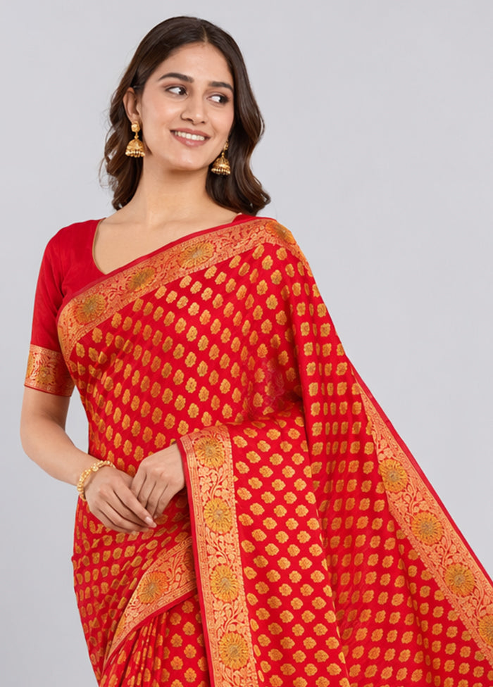 Red Handloom Pure Georgette Saree With Blouse Piece