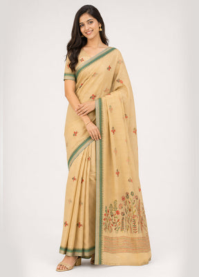 Cream Linen Silk Saree With Blouse Piece