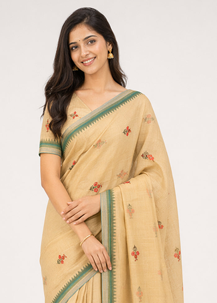 Cream Linen Silk Saree With Blouse Piece