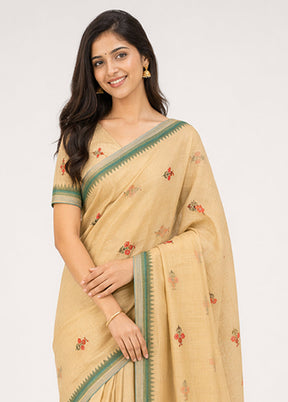 Cream Linen Silk Saree With Blouse Piece