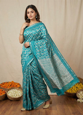 Blue Dupion Silk Saree With Blouse Piece