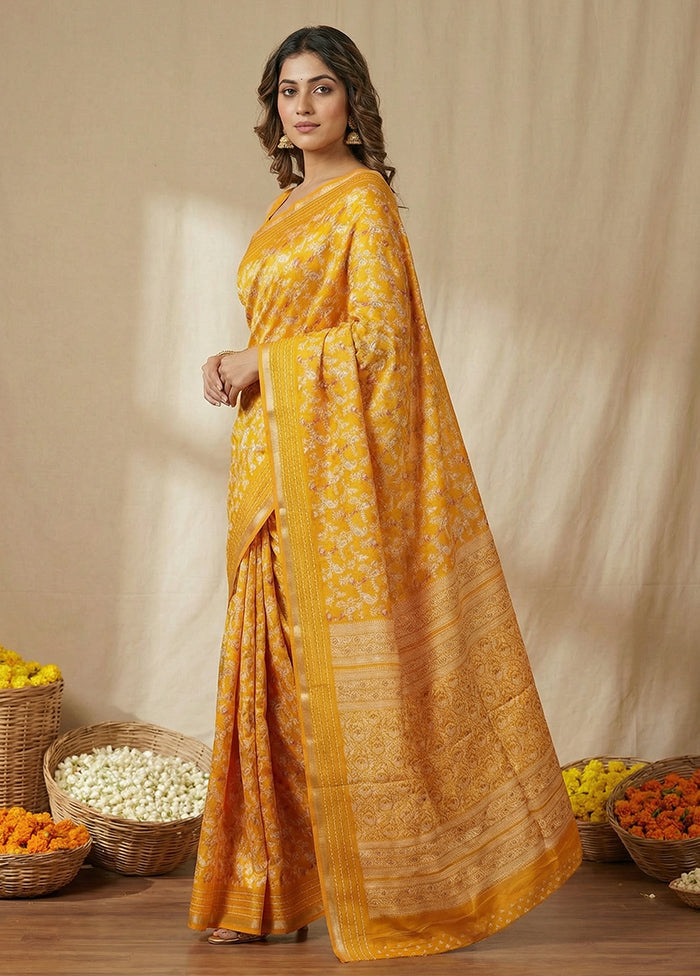 Yellow Dupion Silk Saree With Blouse Piece