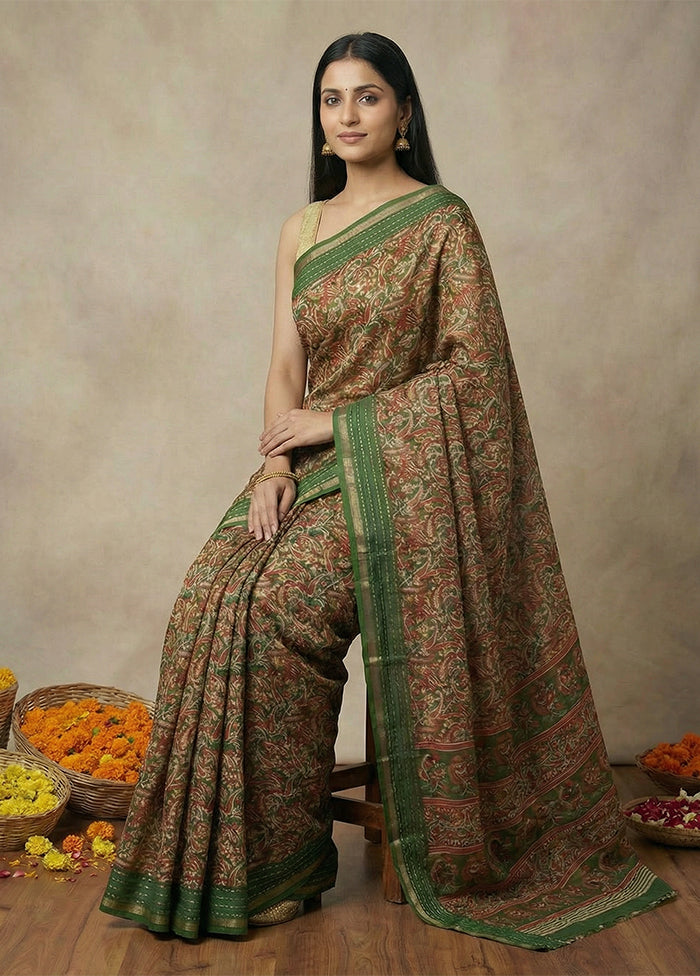 Green Dupion Silk Saree With Blouse Piece